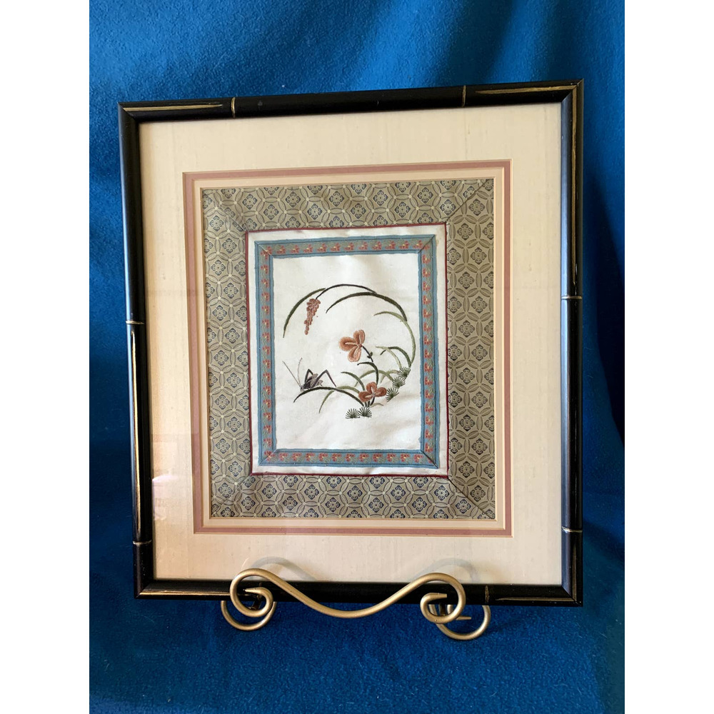 Vintage Japanese Silk Embroidered, Bamboo Framed "Lucky Cricket"
